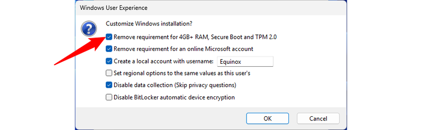 Disable the TPM 2.0 and Secure Boot requirements, then click OK.