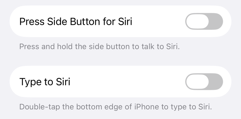 Disabling Siri via Side Button and Type to Siri.