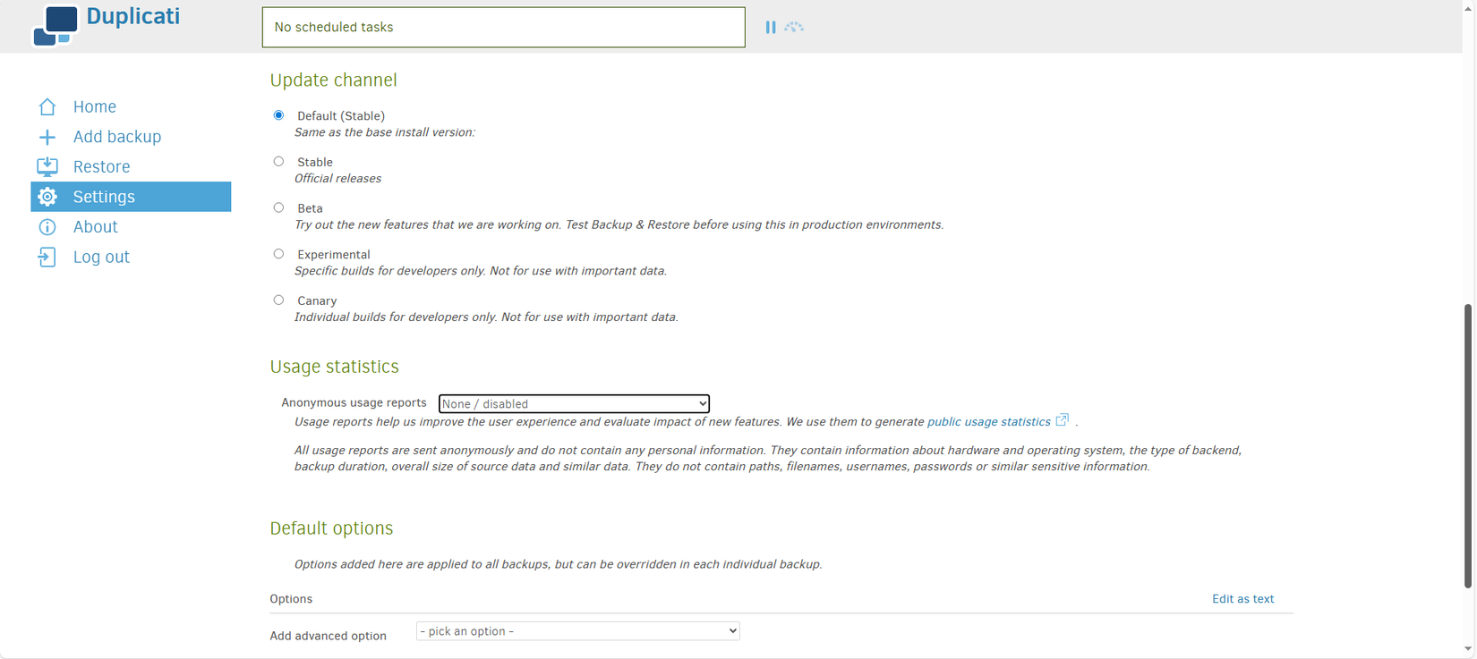 Deshabilitar informes de uso en Duplicati.
