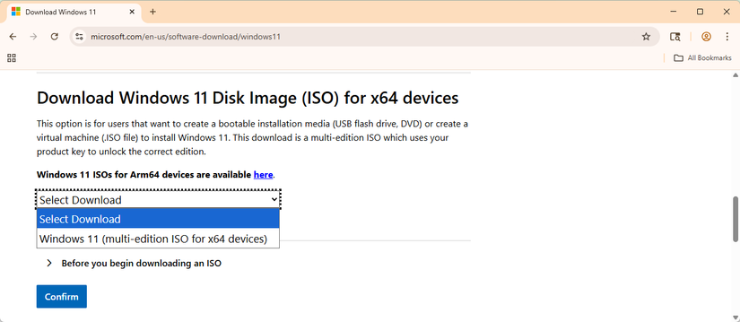 Downloading the Windows 11 ISO from Microsoft.
