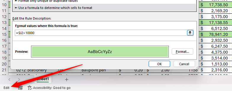 El modo de edición está activado en Microsoft Excel.