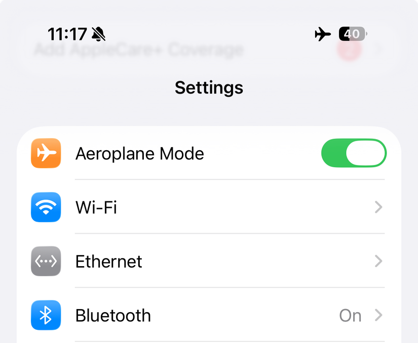 Ethernet entry in the iOS 26 Settings app.