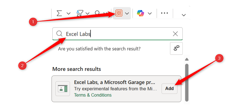 Excel Labs é digitado no painel de suplementos do Excel para a Web e Adicionar é selecionado.