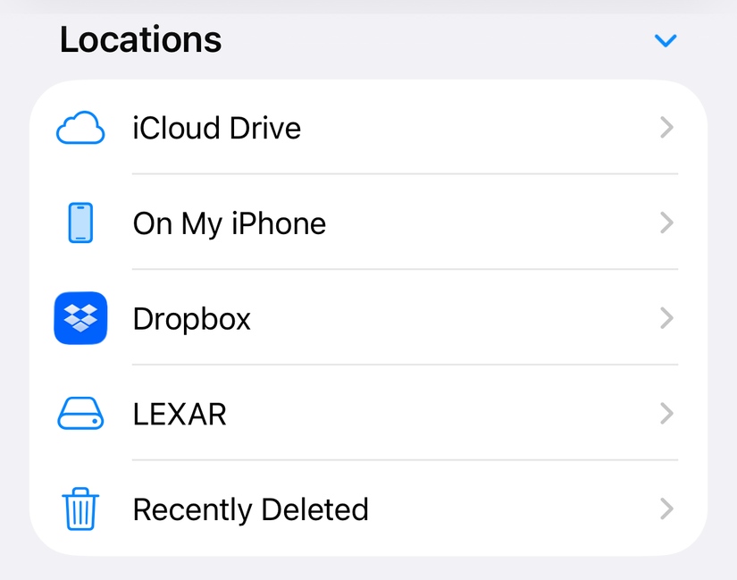 External drive labelled LEXAR in the iOS 26 Files app.