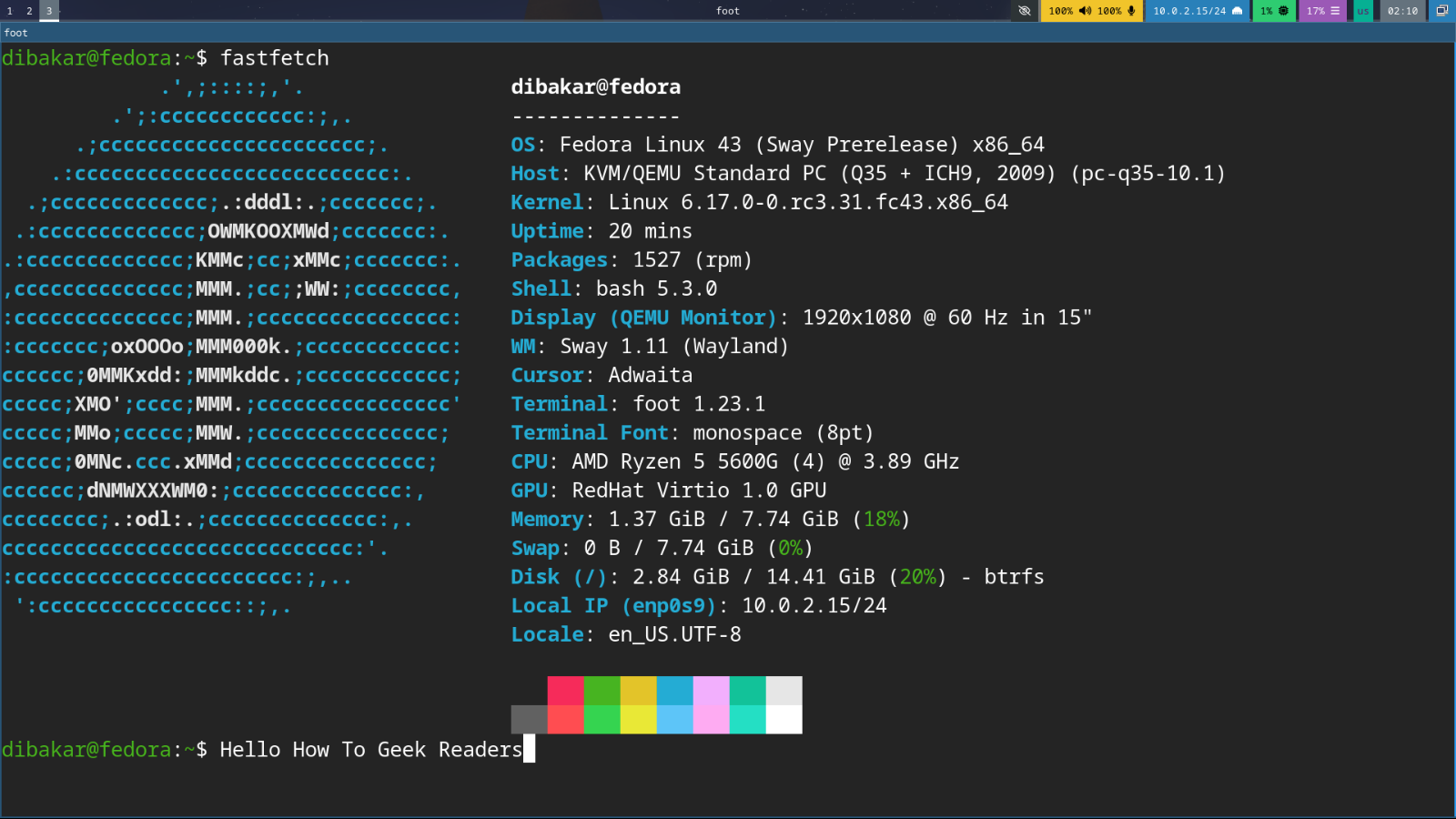 Fedora Sway using the foot terminal running fastfetch.