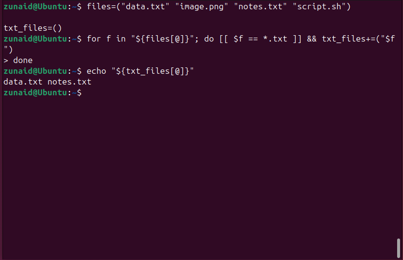 Filtrando certos elementos de um array no Bash.