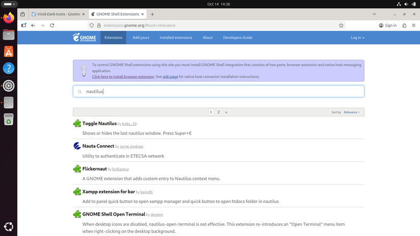 Navegador Firefox mostrando o site de extensões do GNOME.