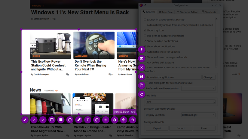 Aplicativo Flameshot sendo usado para capturar uma captura de tela, com a caixa de diálogo de configurações visível ao lado dele.