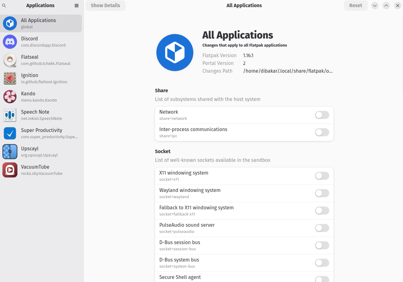 Flatseal user interface overview.