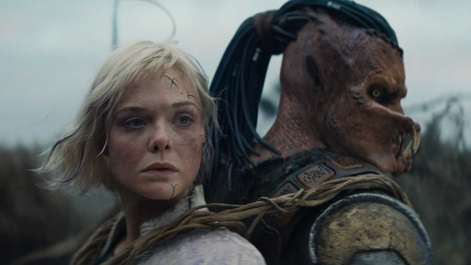 Elle Fanning and Dimitrius Schuster-Koloamatangi from Predator: Badlands.