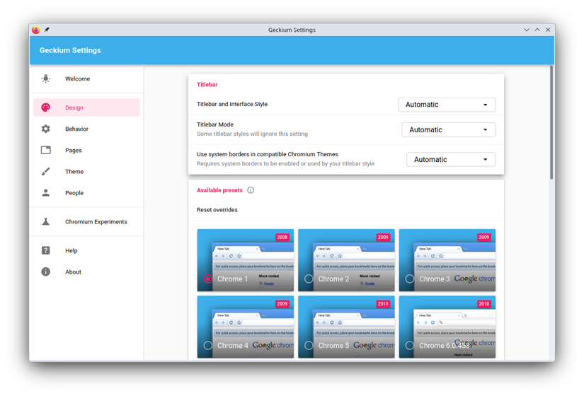 Caixa de diálogo de configurações do Geckium mostrando várias versões de temas do Chrome disponíveis.