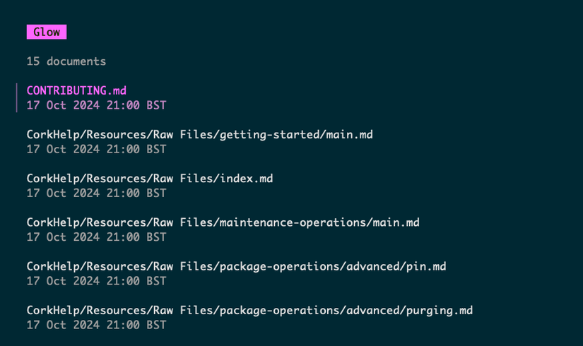 Glow's TUI showing a list of Markdown files with a date underneath each one.