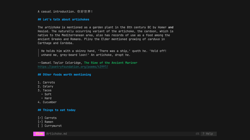 A black page with white text showing the contents of a Markdown file with color highlighting, underlines, links, and bullet points.