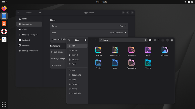 Área de trabalho GNOME mostrando o Nautilus com um tema personalizado aplicado.