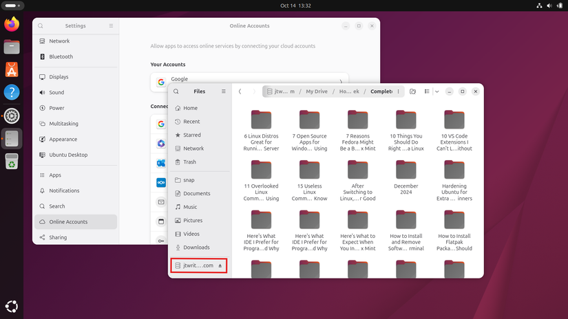 GNOME desktop showing online account integration in Nautilus.