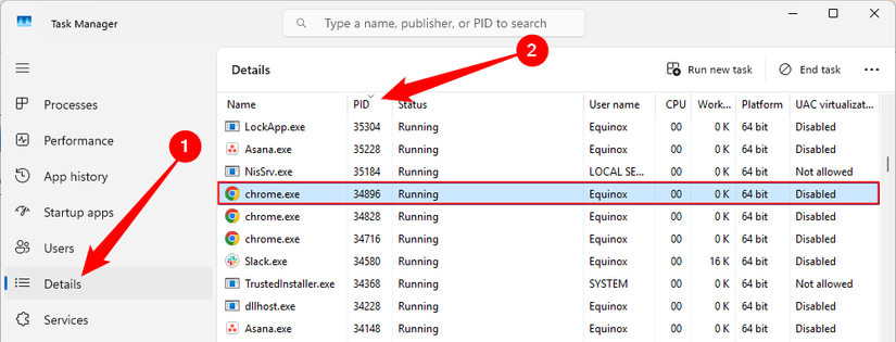 Go to the details tab, then sort the table by process ID.