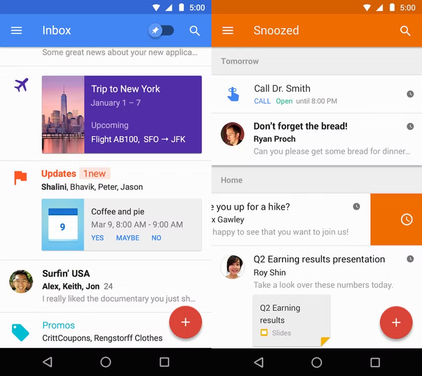 Two screenshots of Windows Inbox side-by-side, showcasing the the inbox on the lest and the snooze feature on the right.