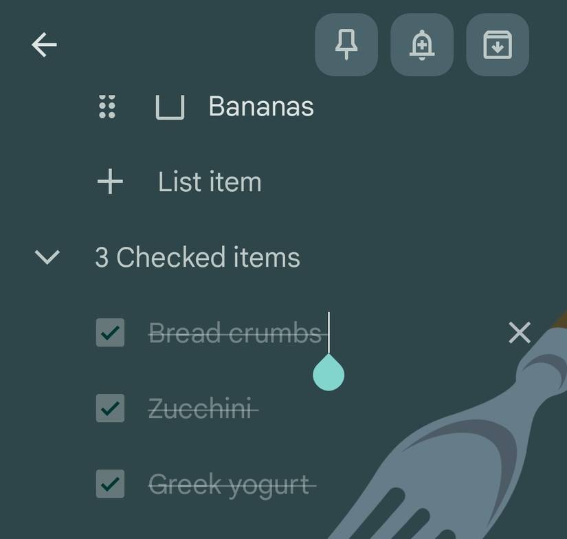 A list showing checked items in a Google Keep checklist. 