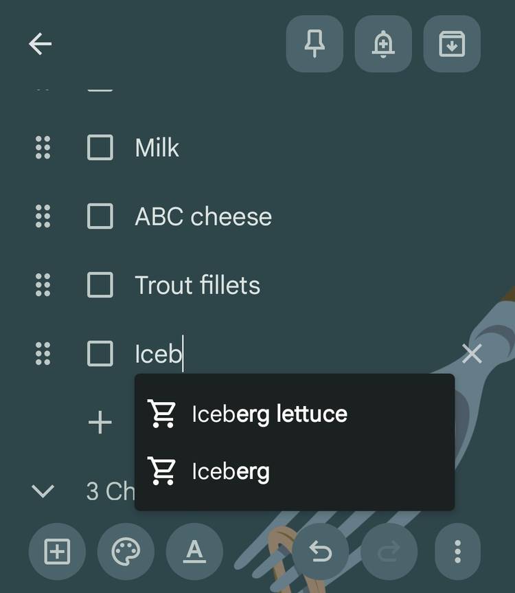 Adding a new entry to a Google Keep checklist.