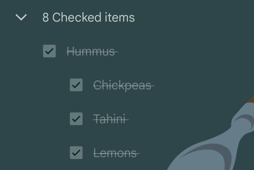 A list of checked items in a Google Keep checklist.
