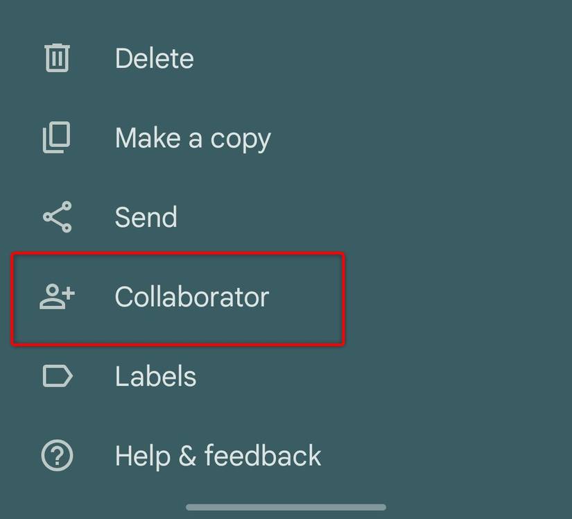 Three-dot menu button options in Google Keep.