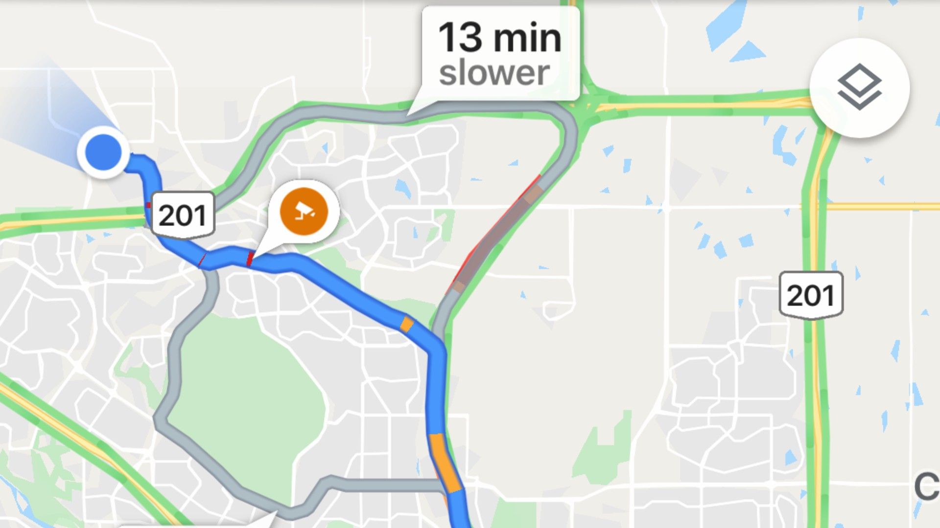 Google Maps showing an alternate route that may take 15 minutes longer