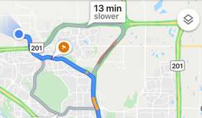 Google Maps showing an alternate route that may take 15 minutes longer