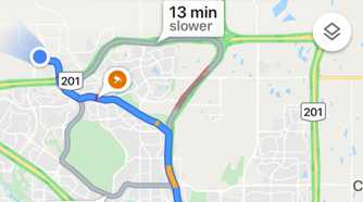Google Maps showing an alternate route that may take 15 minutes longer