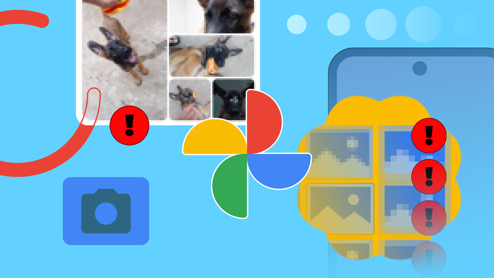 Google Photos logo surrounded by warning icons and pixelated image thumbnails.