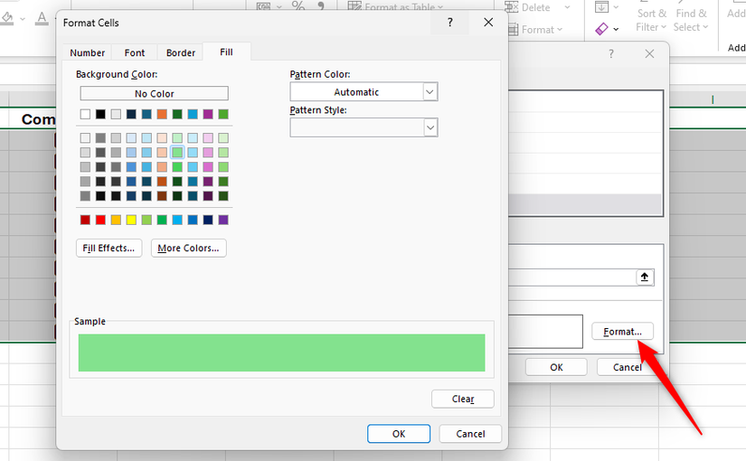 Green fill is selected for a conditional formatting rule in Excel.