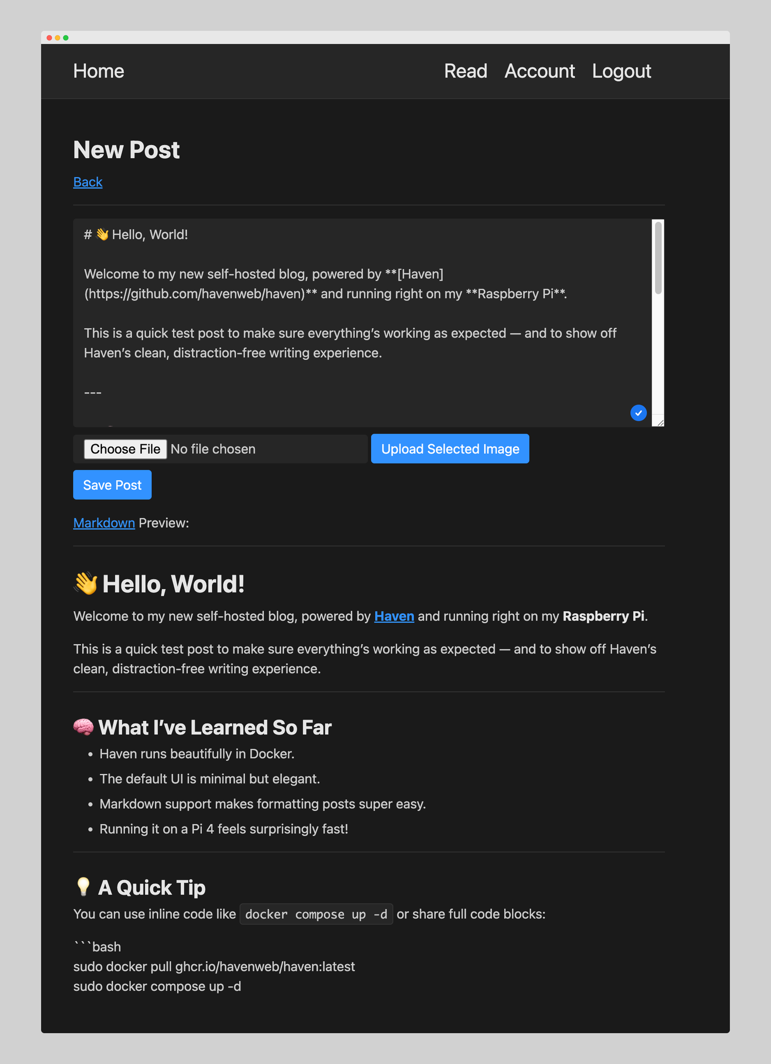 Haven microblogging platform showing a blog post in progress.
