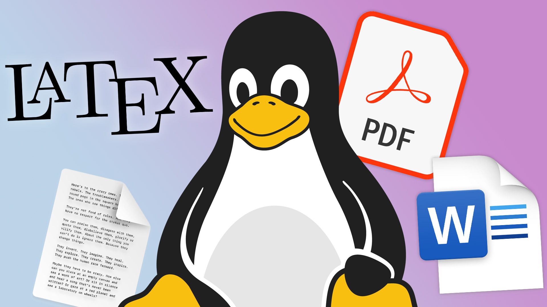 Tux the Penguin surrounded by document formats