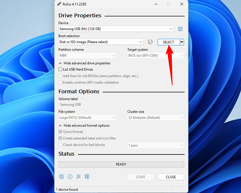 Hit the "Select" button to pick the ISO you downloaded.