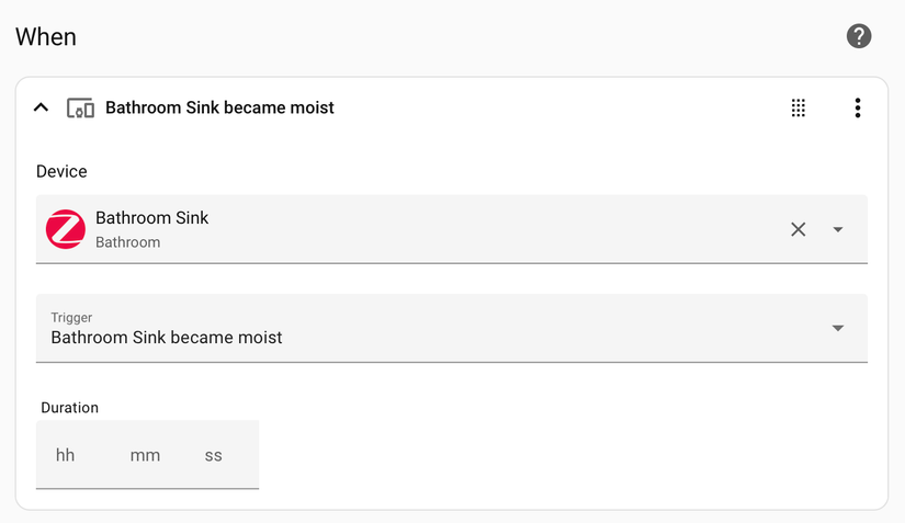 Home Assistant water leak sensor trigger.