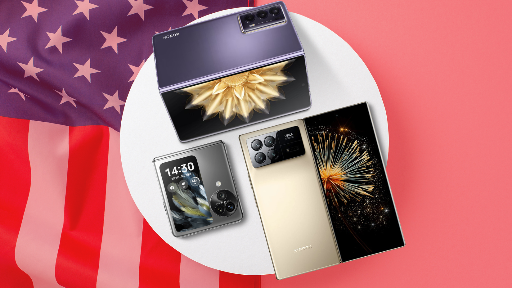 Honor Magic V2, Oppo Find N3 Flip, and Xiaomi Mix Fold 3 smartphones displayed against a U.S. flag background.