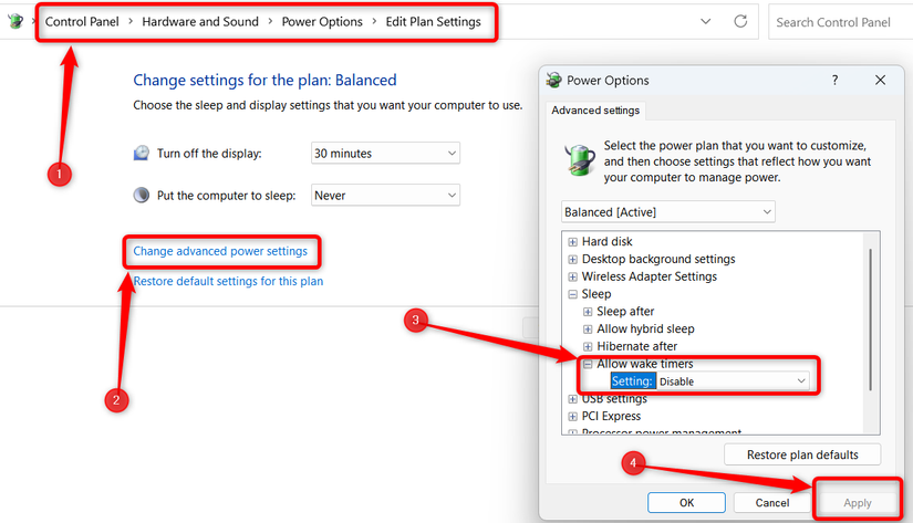 O menu Configurações avançadas de energia é aberto no Painel de controle do Windows. 