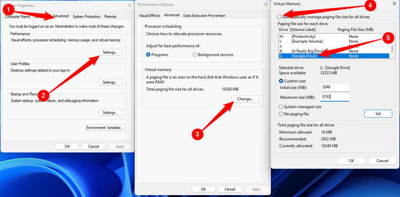 Использование Google Drive как файла подкачки в Windows 11.