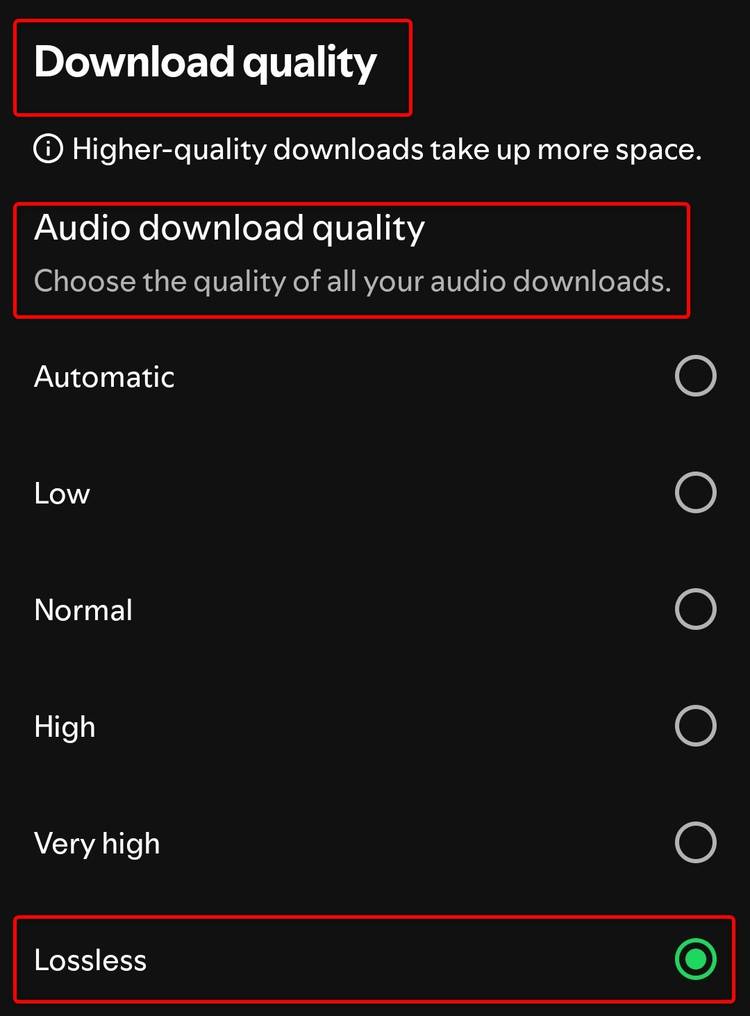 The audio download quality menu in Spotify's mobile app. 