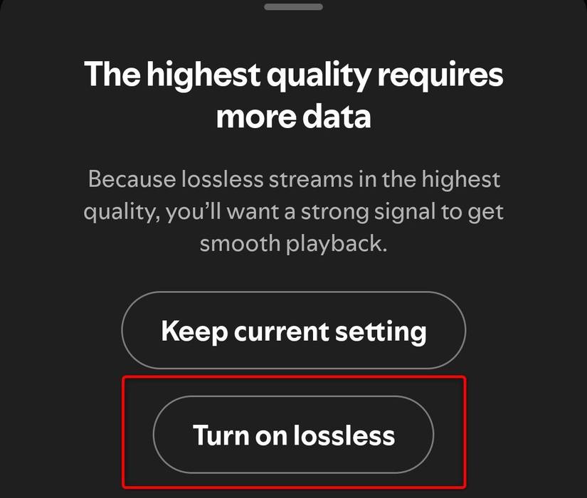 A Spotify notification reading that lossless streaming quality requires more data.