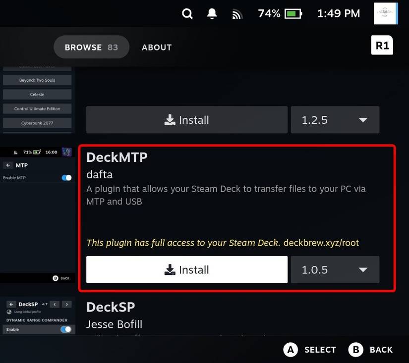 Mercado Decky Loader mostrando o plugin DeckMTP.