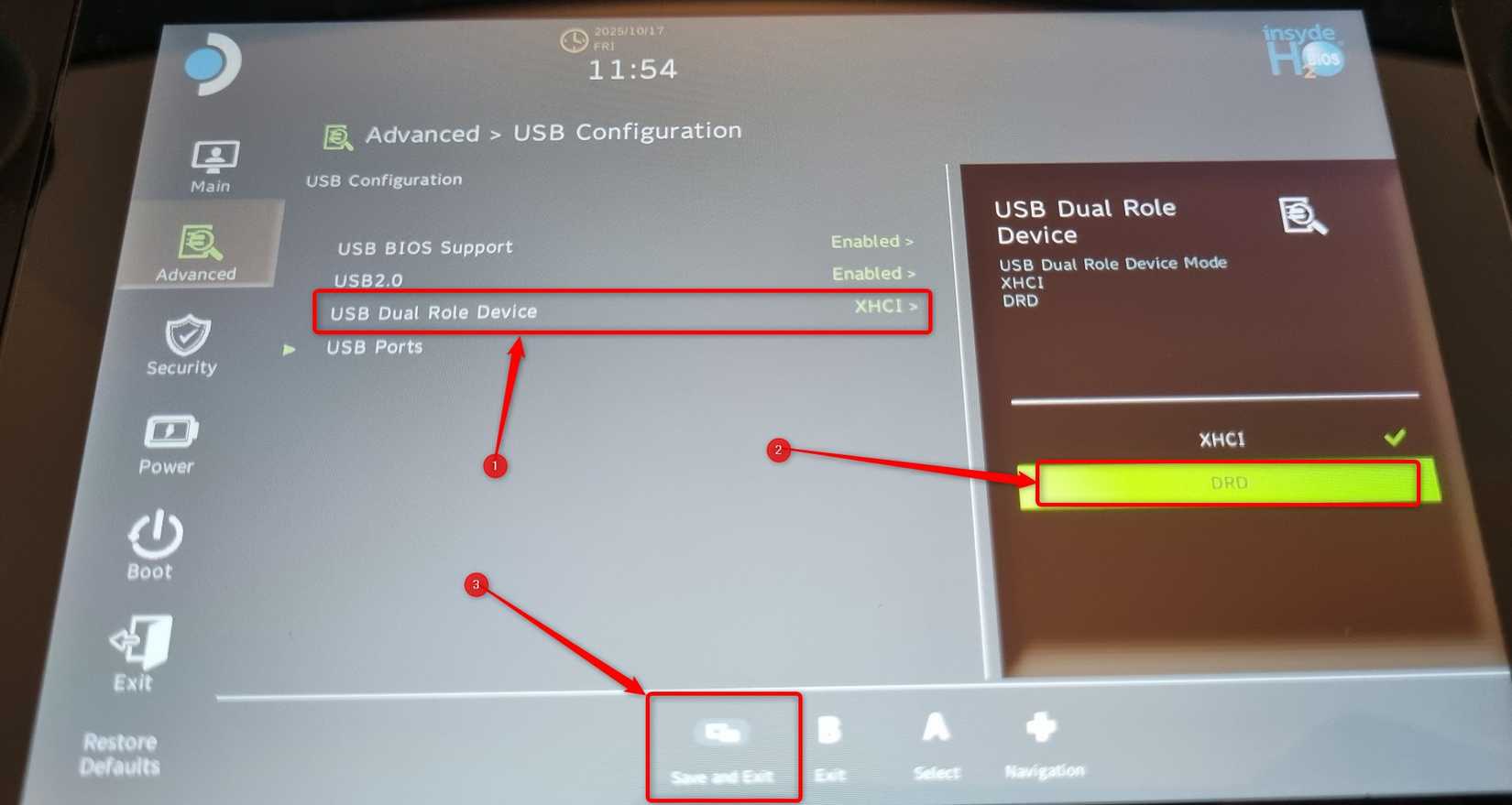 Menu de configuração USB no BIOS do Steam Deck.