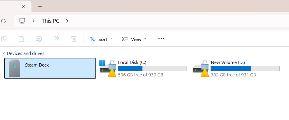 Windows explorer home screen showing internal drives as well as a Steam Deck connected to the PC via USB.