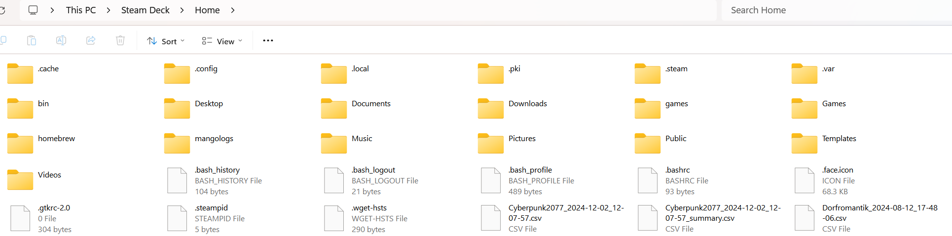 Steam Deck Home folder showing various folders and files opened in Windows File Explorer.