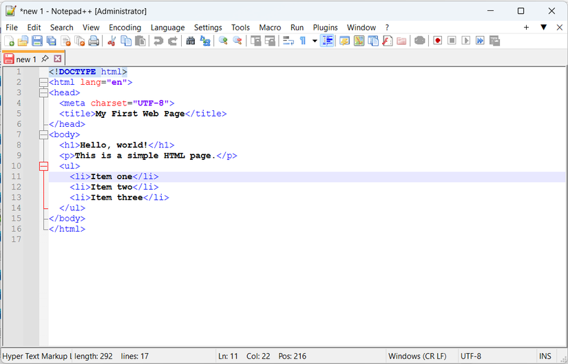 HTML code in Notepad Plus More