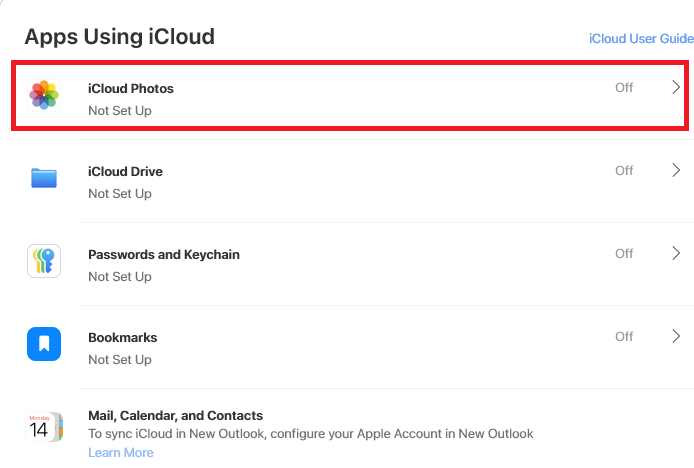 Uma captura de tela da tela de configuração do iCloud para Windows, com Fotos do iCloud destacadas em vermelho.