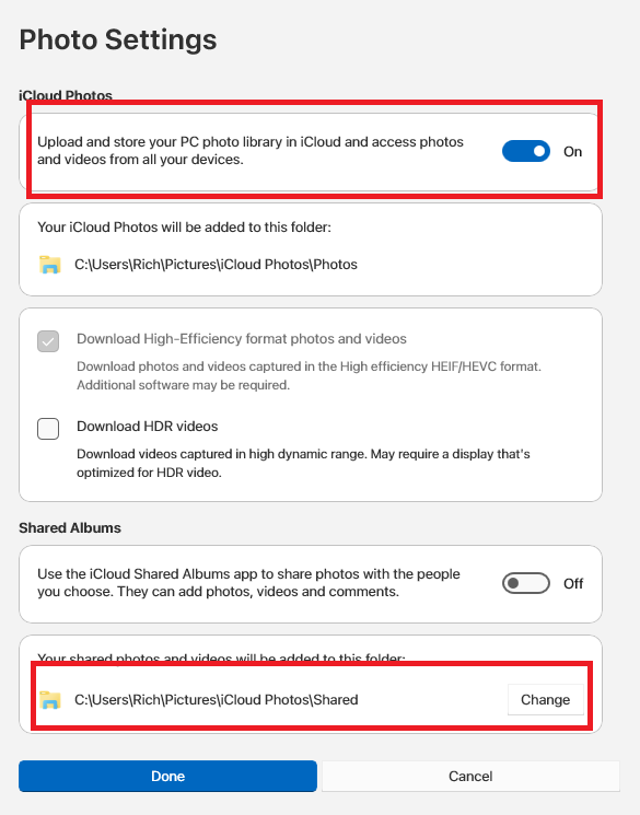 Uma captura de tela da tela de configuração do iCloud para Windows, permitindo que as fotos do iCloud e o caminho da pasta sejam destacados em vermelho.