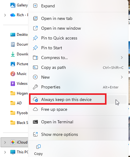 Uma captura de tela do menu de contexto do botão direito do mouse no iCloud Photos, com Manter sempre no dispositivo destacado.