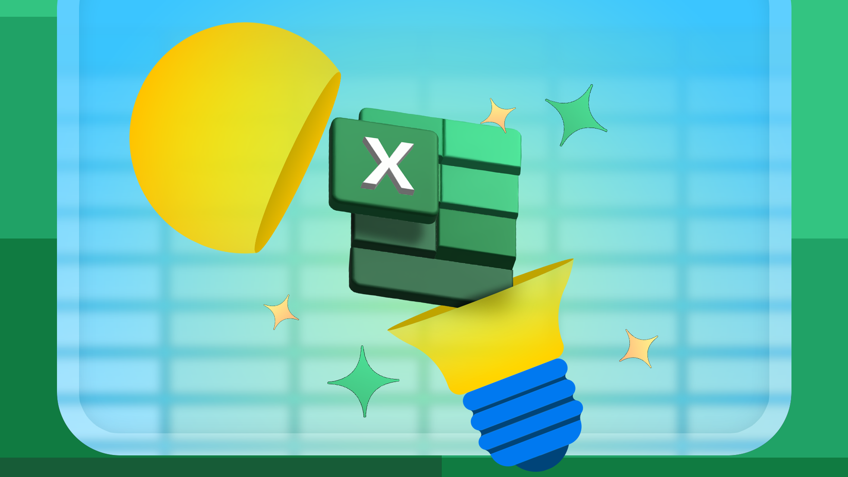 Image 17: Minh họa một bóng đèn mở ra để lộ logo Excel bên trong, được bao quanh bởi các tia lấp lánh.