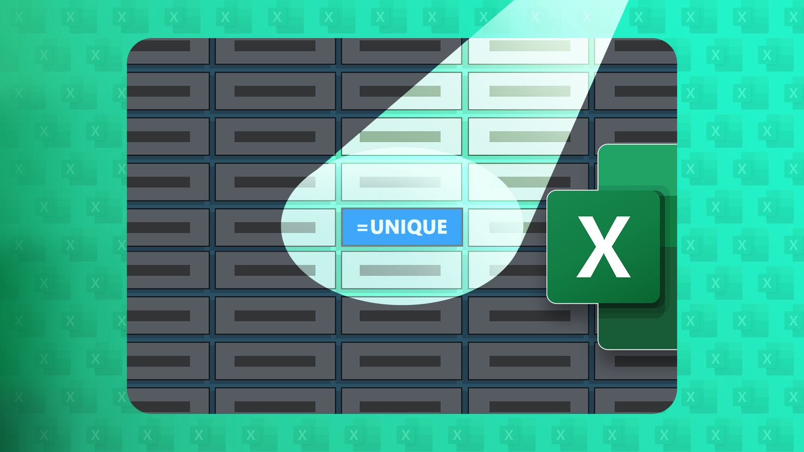 Hình 19: Minh họa bảng tính Excel với một vùng sáng làm nổi bật ô chứa công thức '=UNIQUE'.