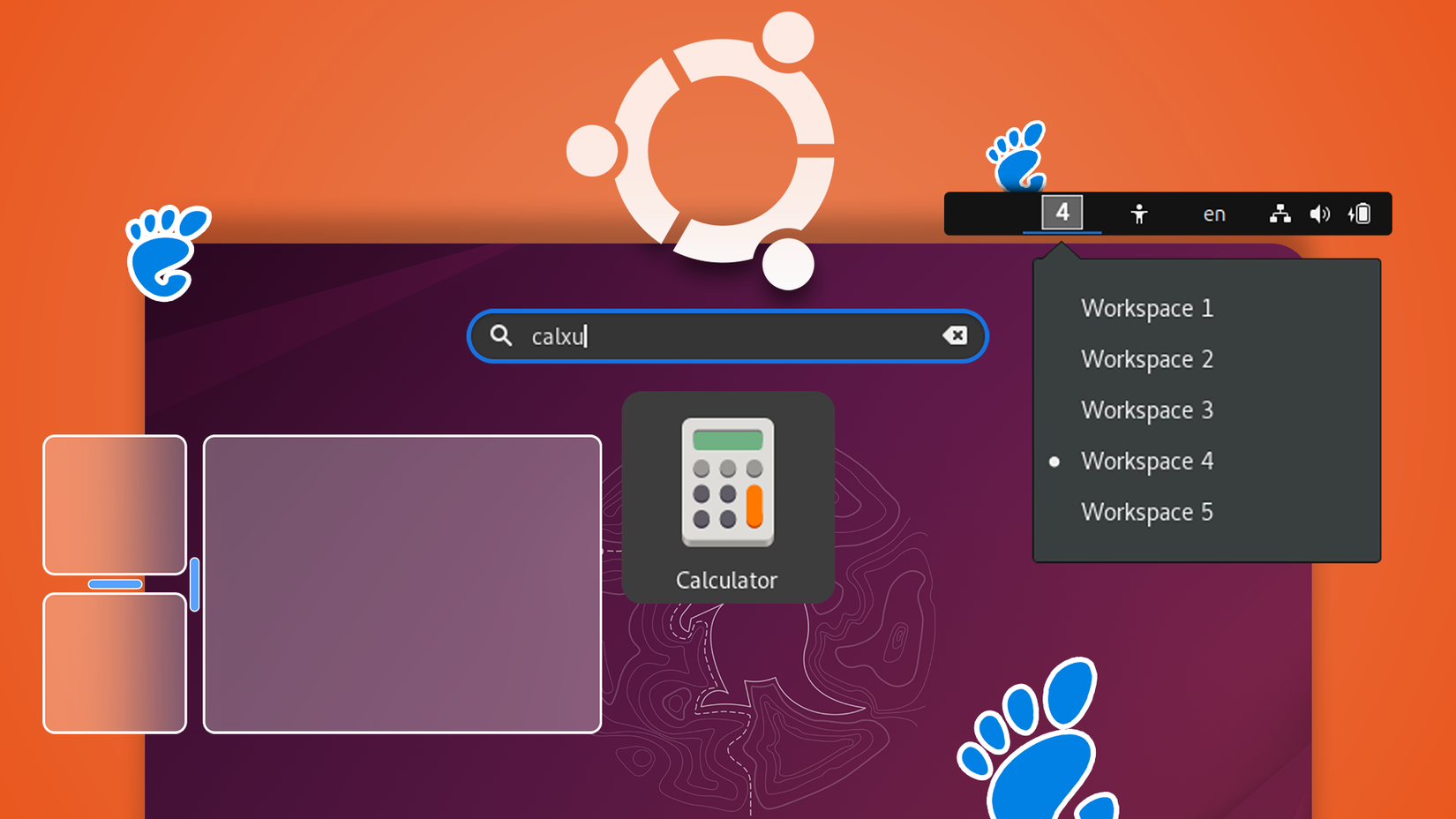 Ilustração da área de trabalho do Ubuntu usando extensões GNOME, mostrando uma pesquisa difusa, um shell lado a lado e um menu suspenso de indicadores de espaço de trabalho, com os logotipos do Ubuntu e GNOME em segundo plano.